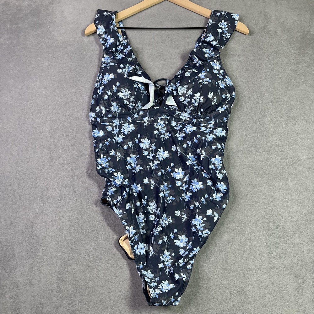 A Pea in the Pod Swimsuit Womens Large Navy Blue Floral Ruffle Maternity NWT - Picture 1 of 7